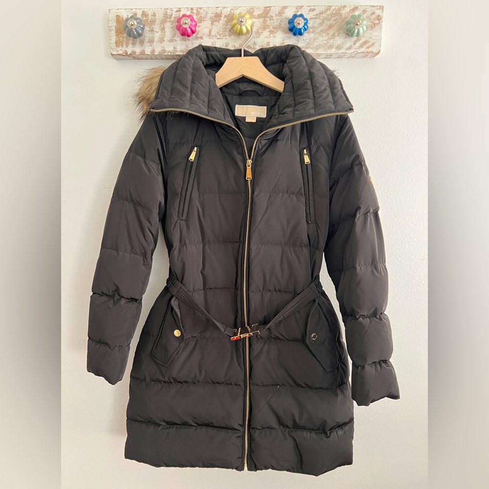 Michael Kors Women's Black Quilted Jacket with Fur Hood